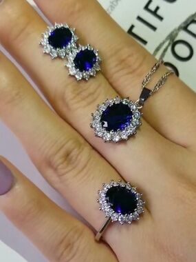 925 Silver plated Navy Blue Halo Pendant and Ring Jewelry Set